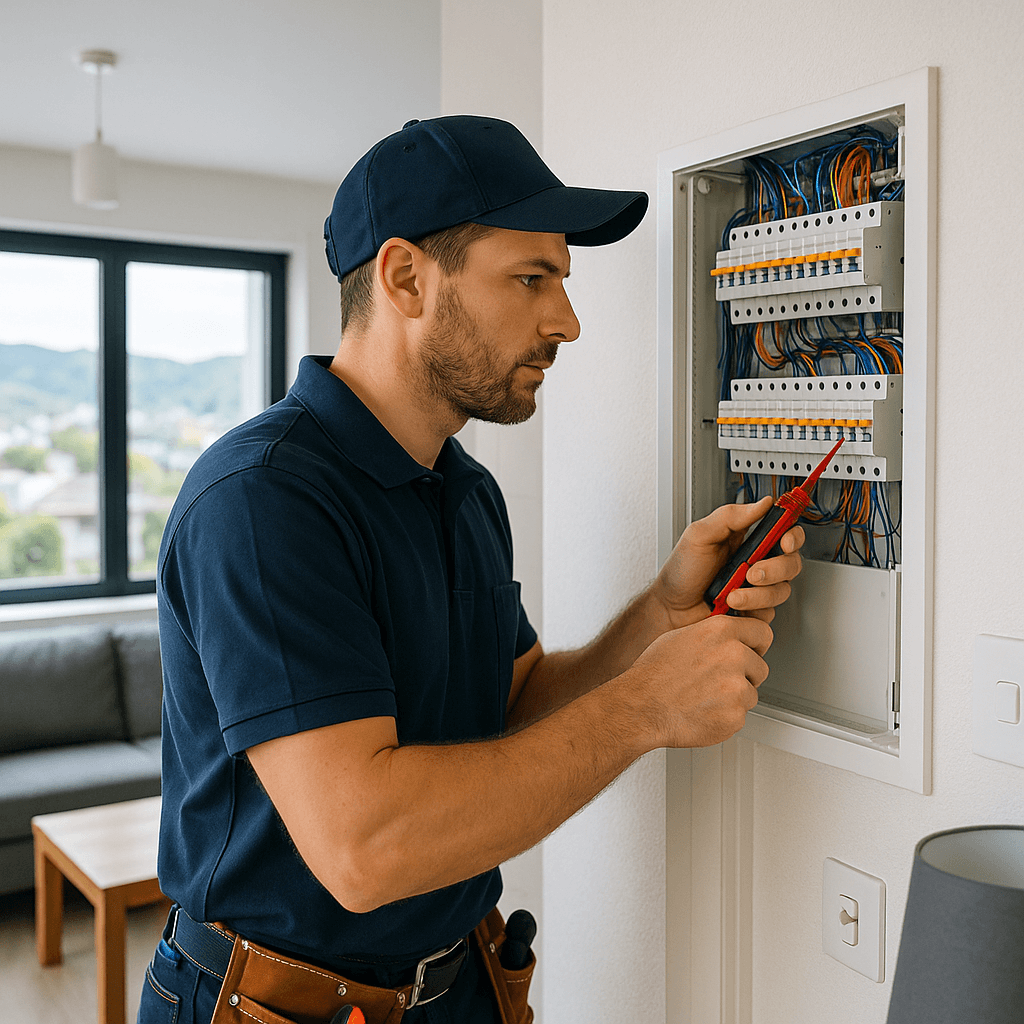 Diagram showing different electrical components in a rental property like circuit breakers, outlets, and wiring, highlighting their importance for safety.