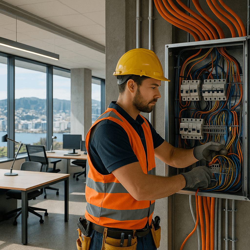 Diagram showcasing various elements of a commercial electrical fit out including infrastructure design and energy systems.