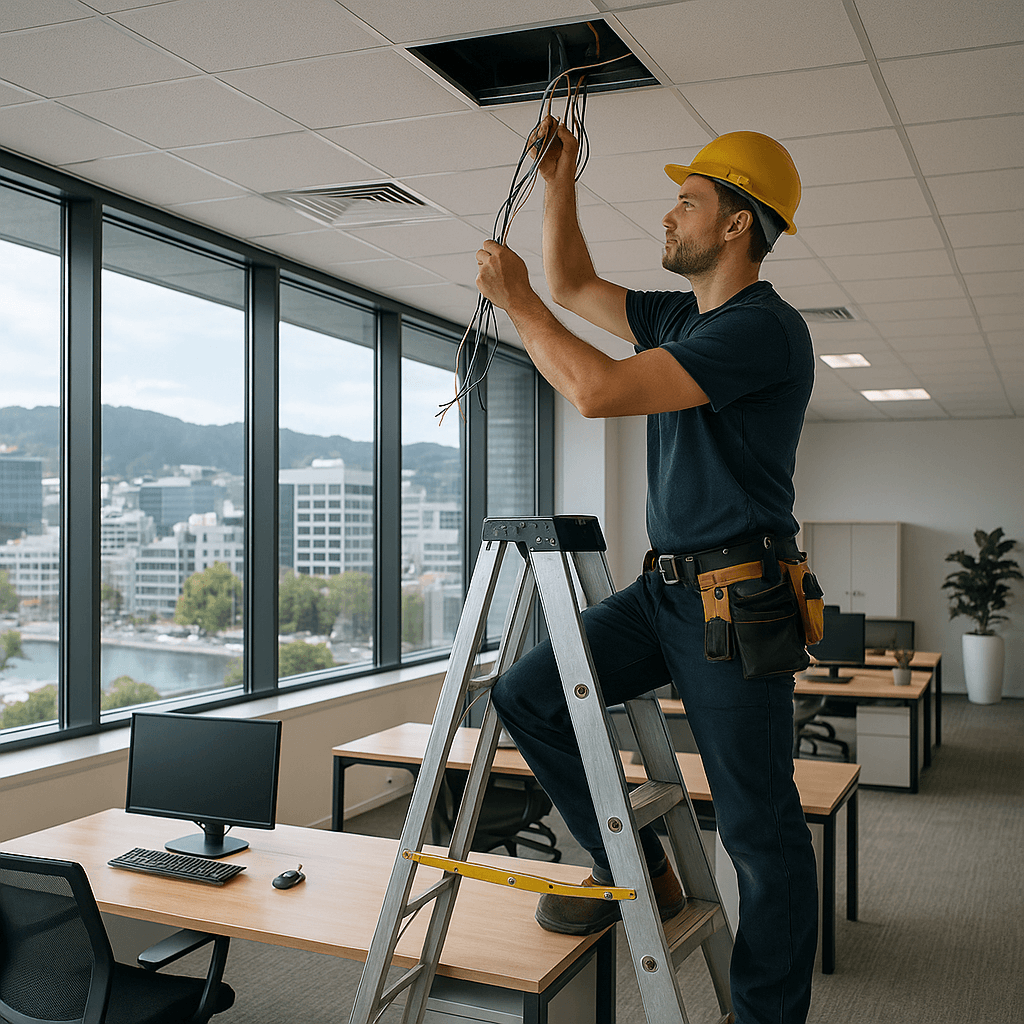 Photorealistic image showing an electrician working on complex wiring in a commercial building
