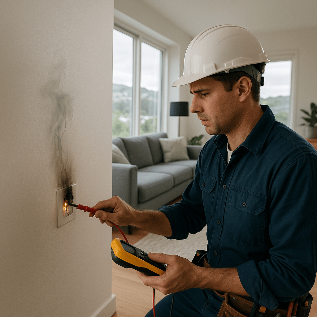 Electrical warning sign indicating potential hazards in a residential setting