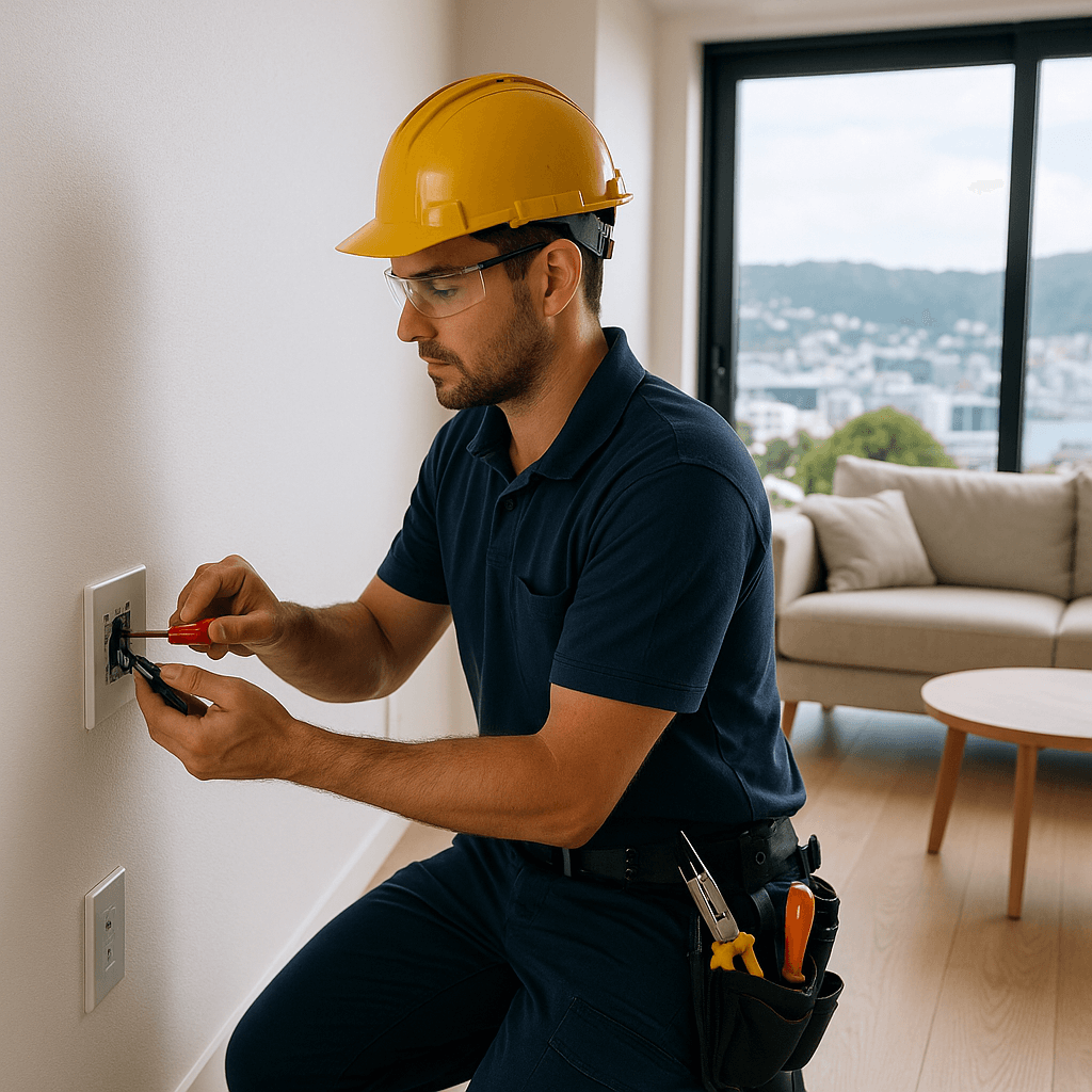 Image showing a landlord discussing electrical safety with an electrician in a Wellington property setting