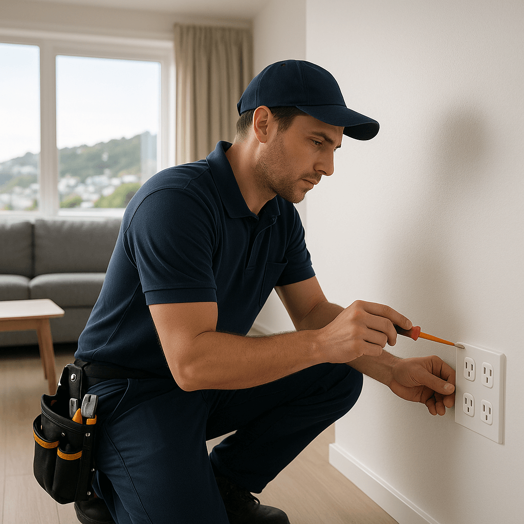 A professional electrician evaluating floor plans to add more electrical outlets in a residential room