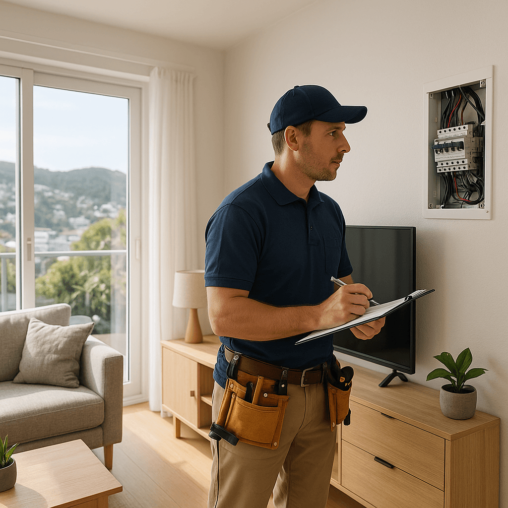 Photorealistic image showing an electrician performing a home electrical inspection