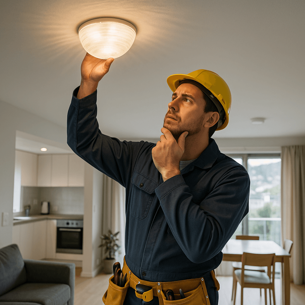 Photorealistic image showing a house interior with lights flickering, symbolising electrical issues