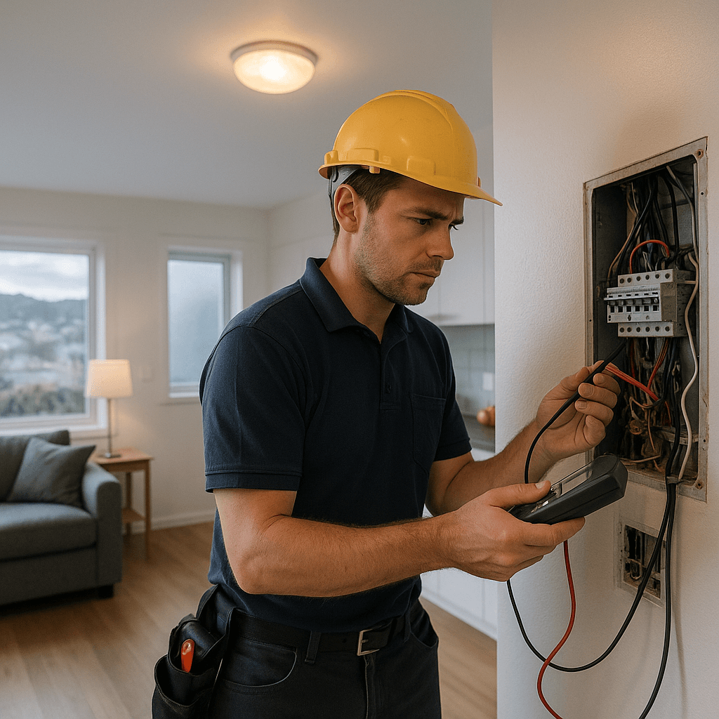 An electrician examining an electrical panel for potential issues