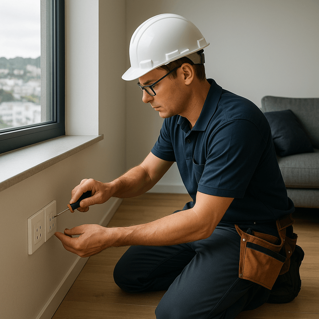 Certified electrician installing compliant power points in a home setting