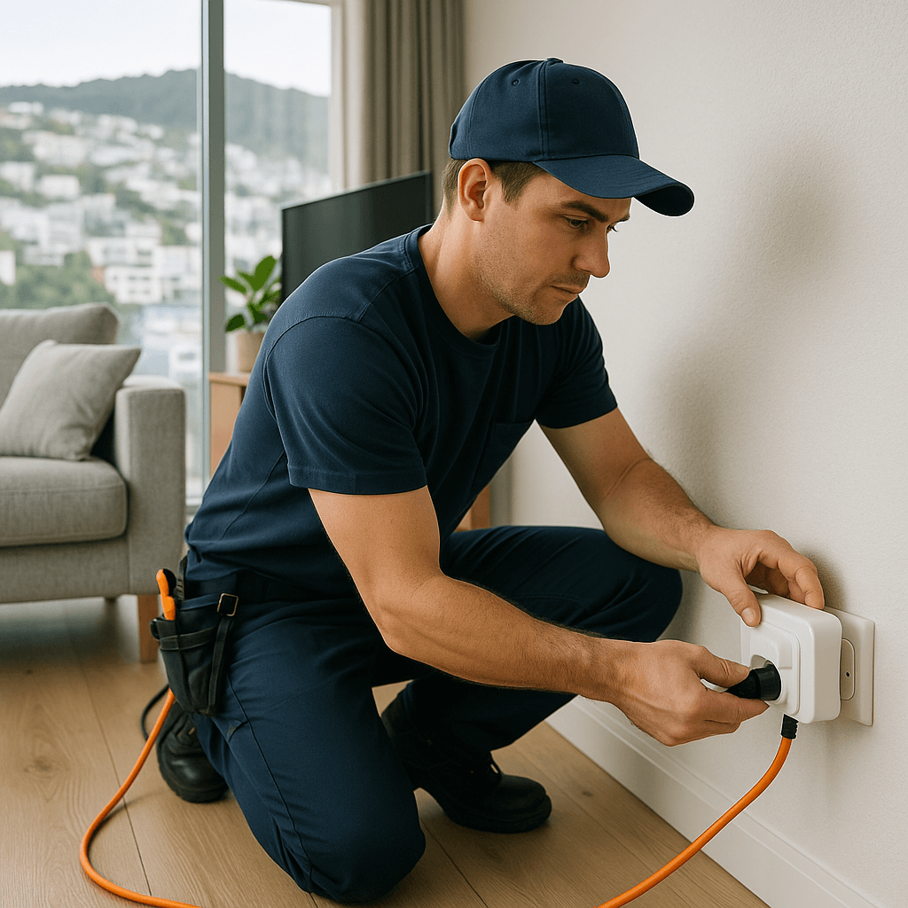 Photorealistic image showing a childproofed power socket with safety mechanisms in use