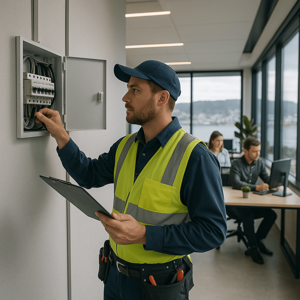 Photorealistic image showing an electrician conducting a safety inspection in a workplace
