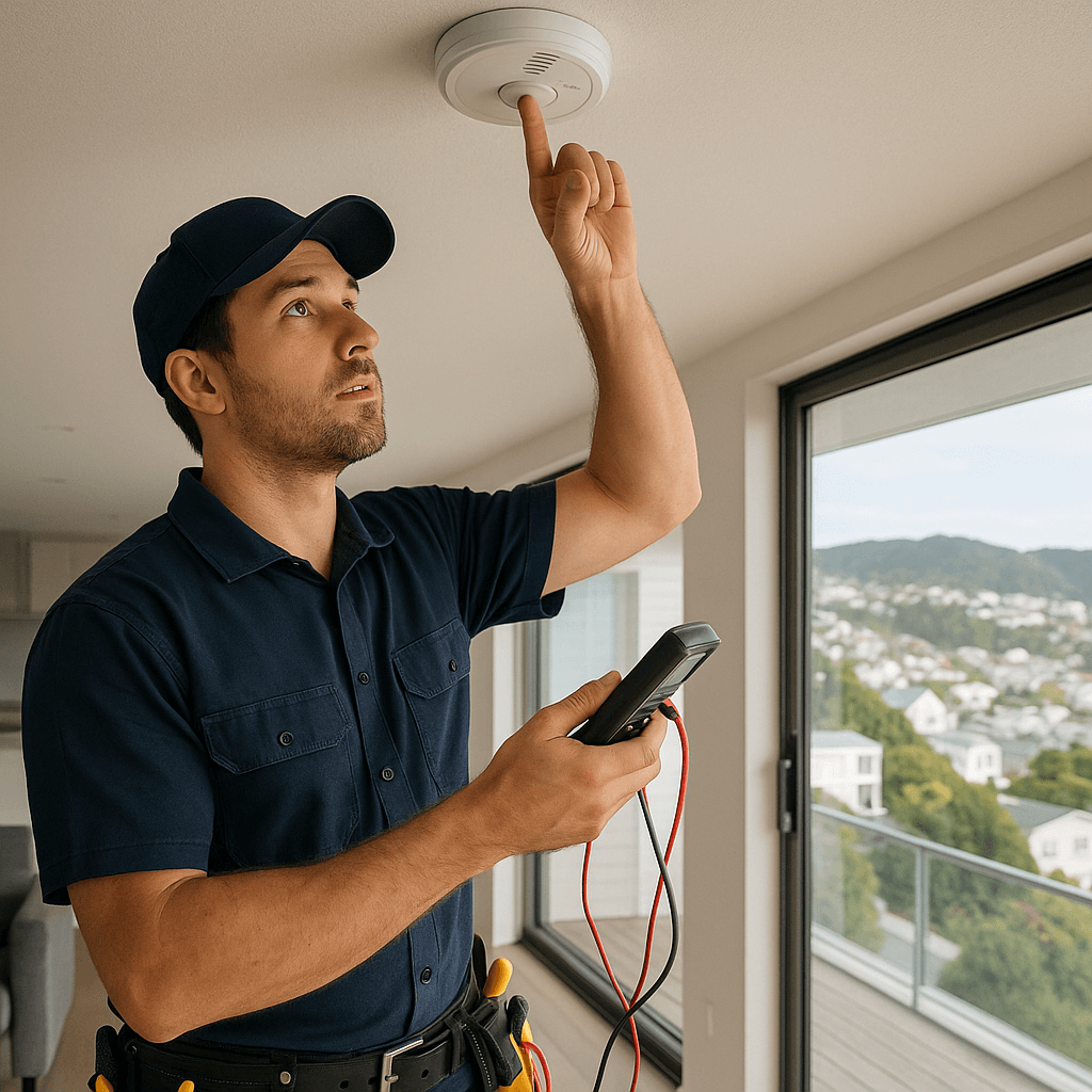 Photorealistic image showing a person testing a smoke alarm in a home setting