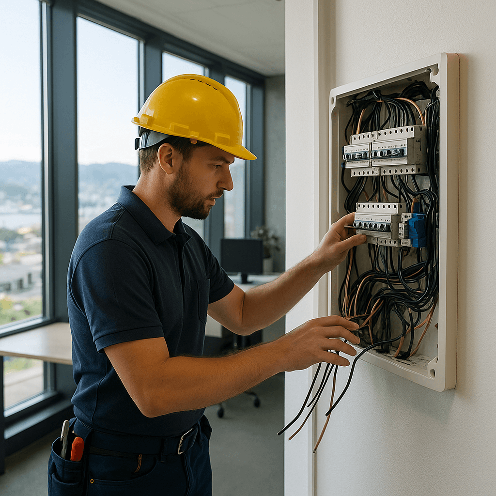 Illustration of common electrical hazards like overloaded circuits and exposed wiring in a workplace setting