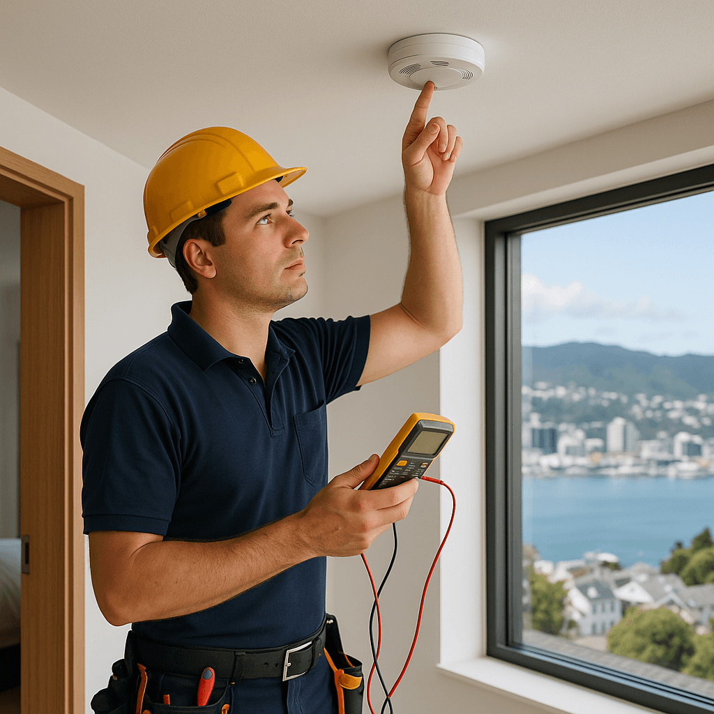 A detailed visual guide to the process of testing a smoke alarm, focusing on battery functionality and maintenance.