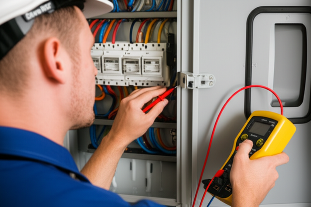 Professional electrician inspecting electrical switchboard for safety certificate in Wellington