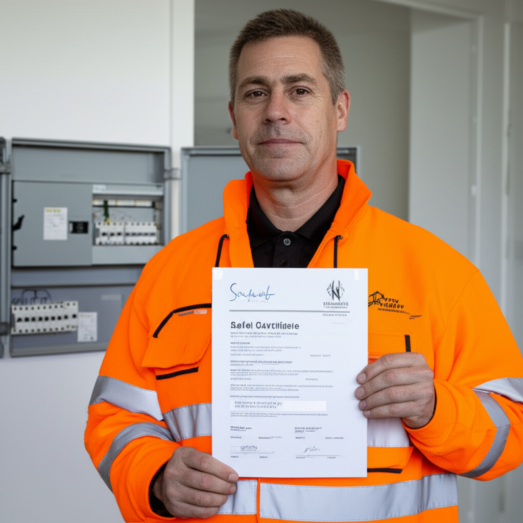Electrician holding electrical safety certificate in Wellington home