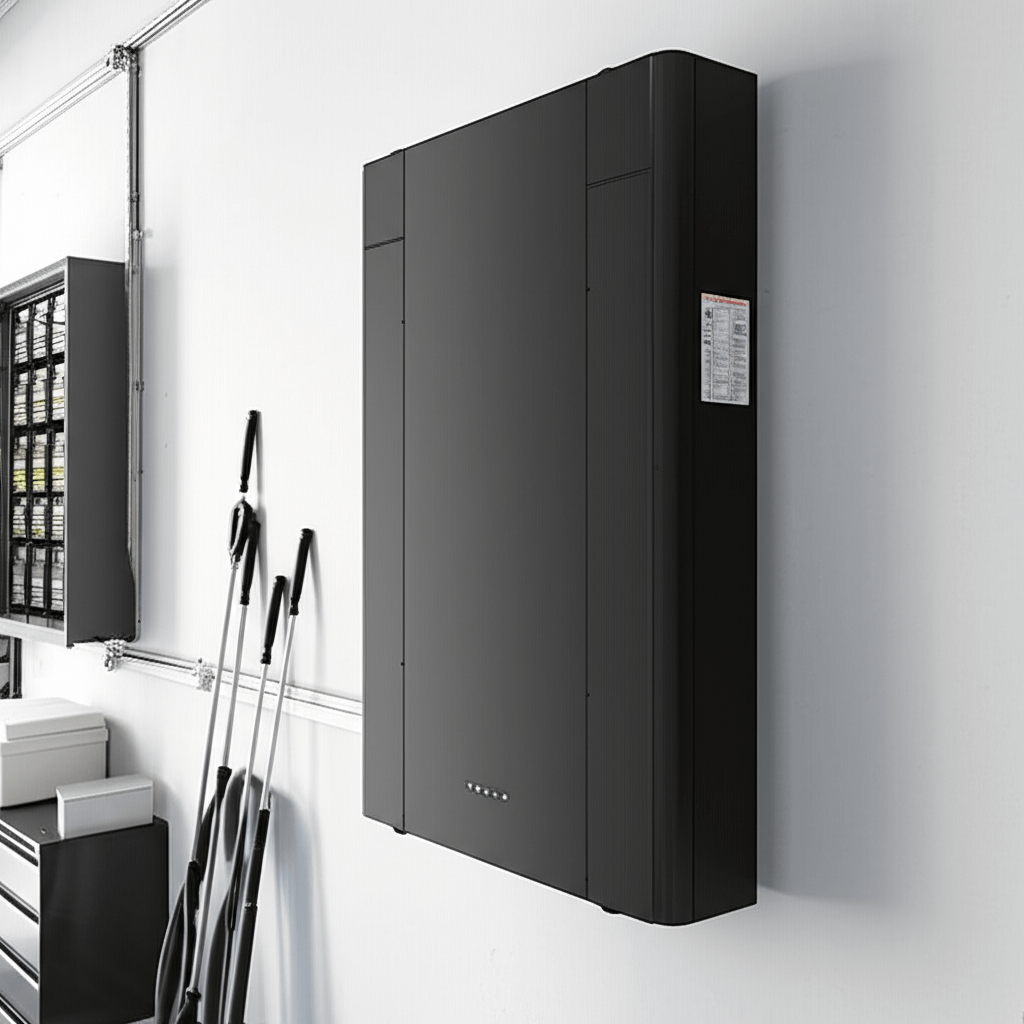Home battery storage unit installed on wall in utility room