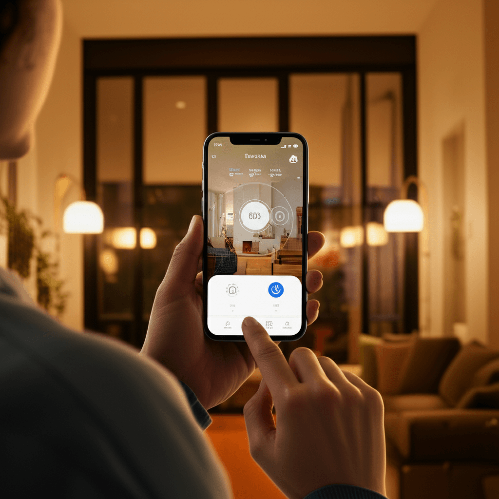 Homeowner using smartphone app to control smart home lighting and heating