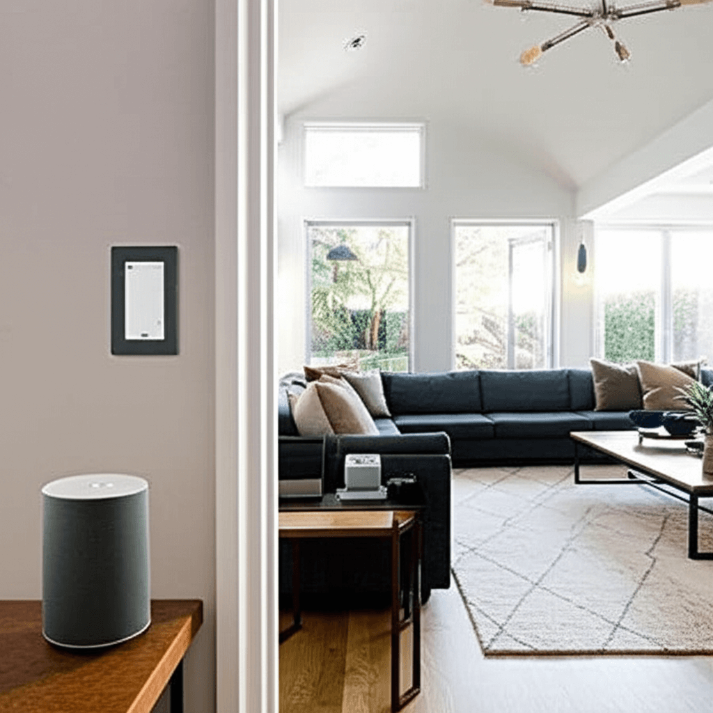Modern NZ living room with smart home features including smart speaker and light switch