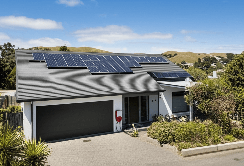 New Zealand home with rooftop solar panels and Tesla Powerwall battery installed