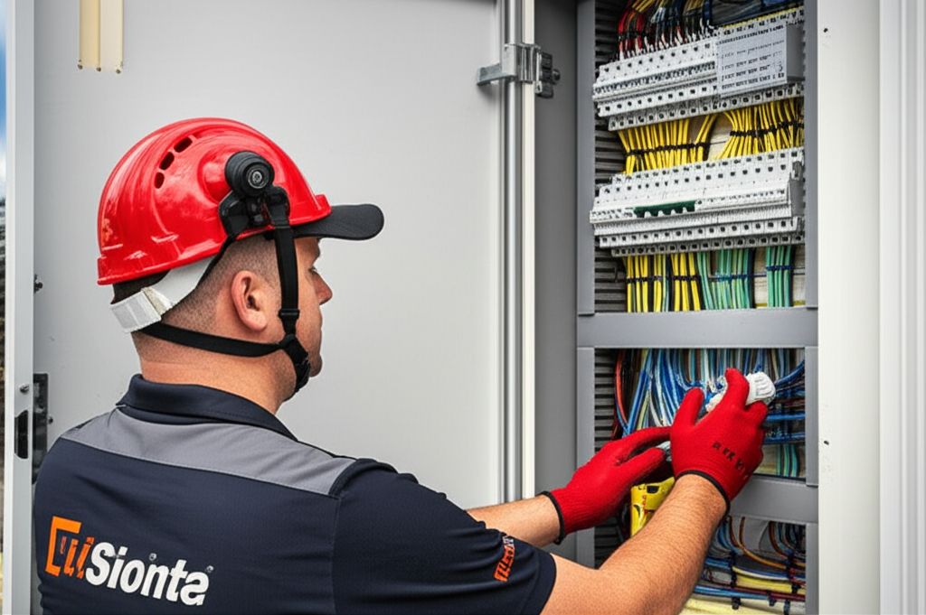 Licensed electrician completing heat pump electrical installation in New Zealand