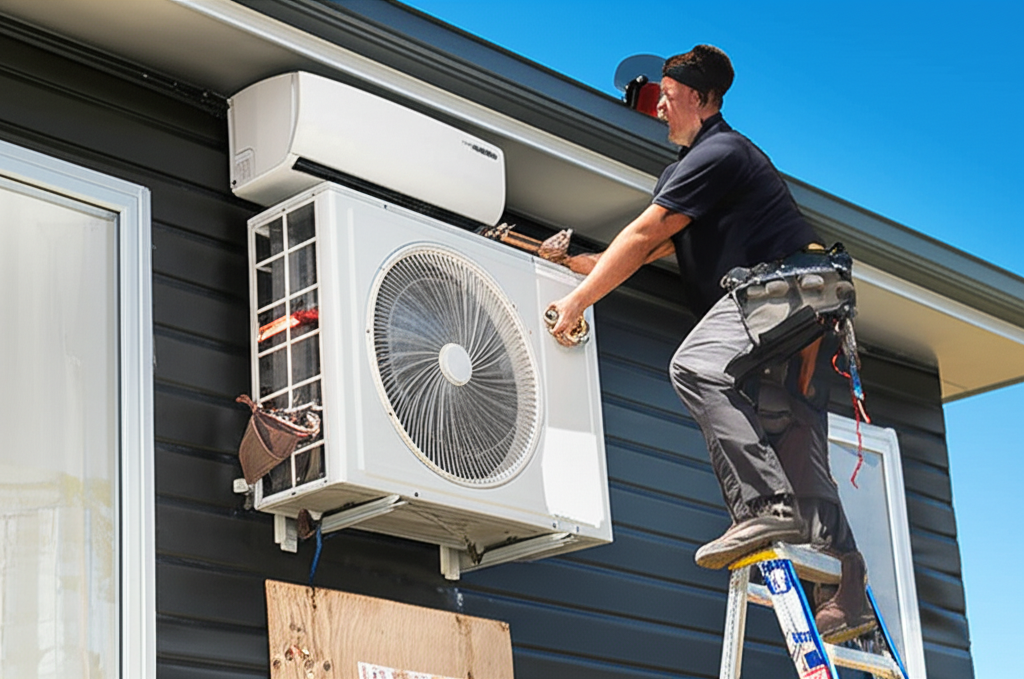 Professional heat pump installation in New Zealand showing standard wall-mounted unit placement