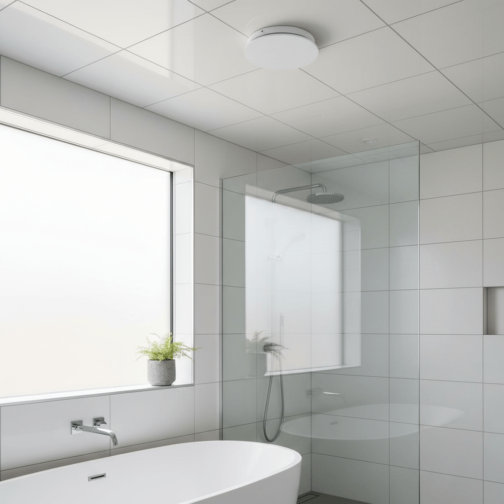 Bathroom extractor fan installed in ceiling of modern NZ bathroom