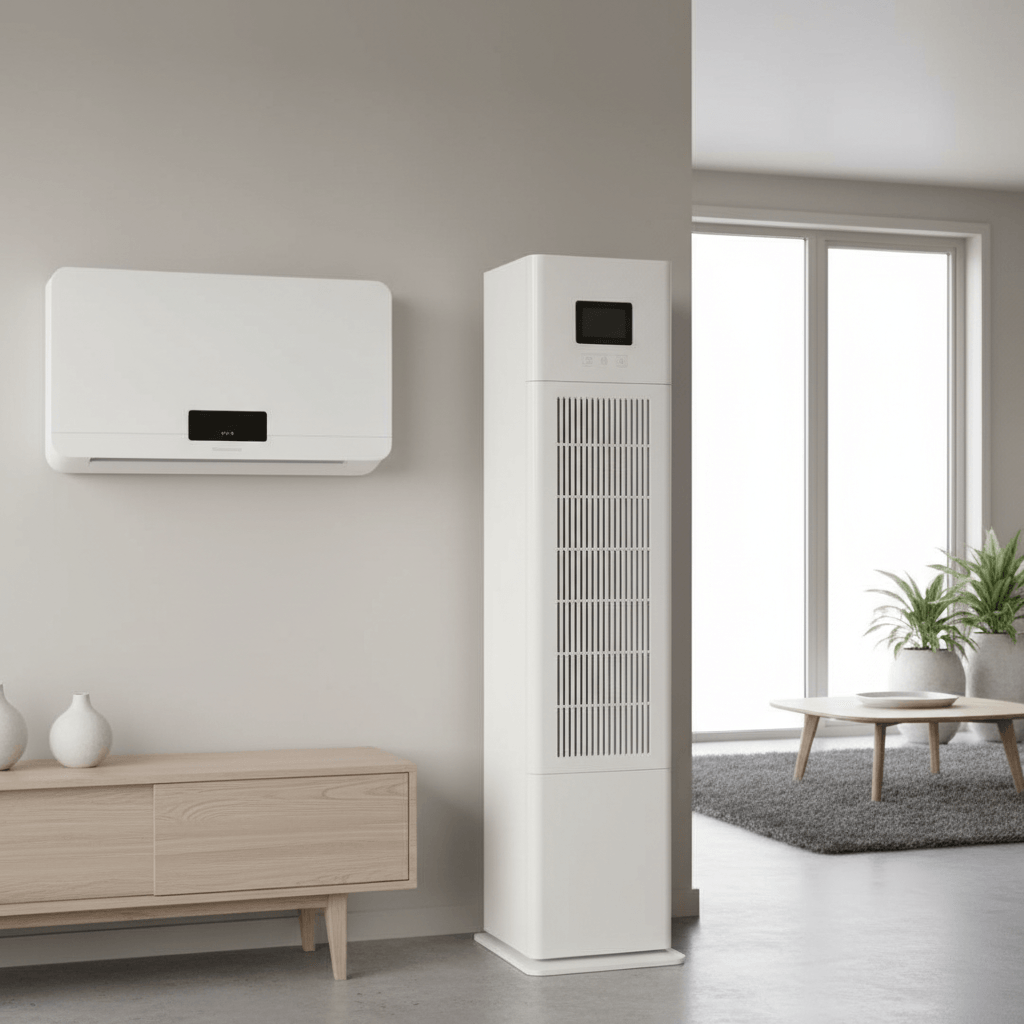 Different heat pump types displayed including wall mount and floor console