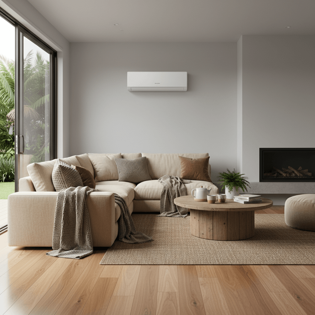 Modern wall-mounted heat pump in New Zealand living room