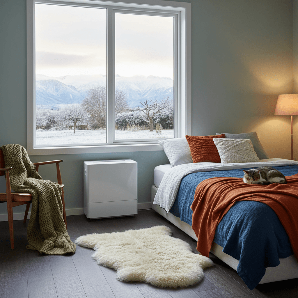 Floor-mounted console heat pump installed in NZ bedroom