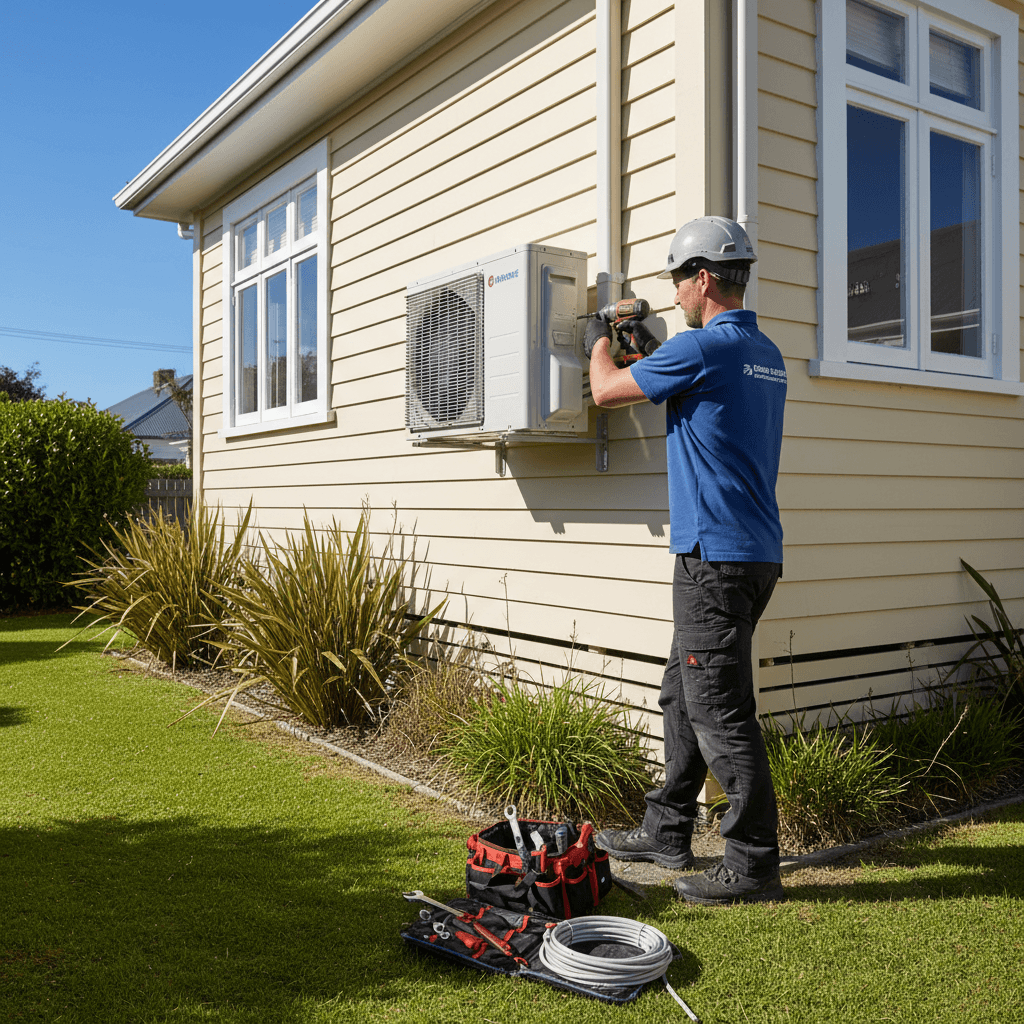 Electrician installing heat pump outdoor unit on NZ home