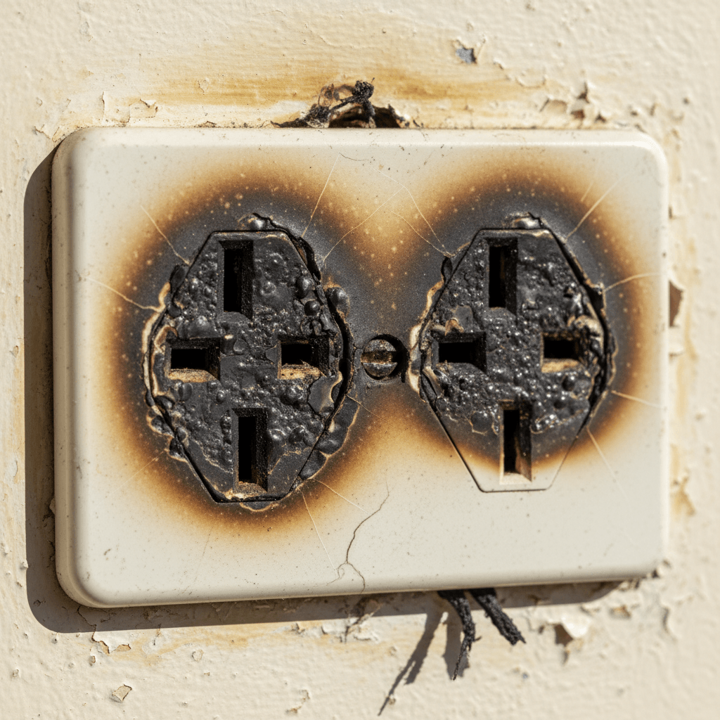 Damaged electrical outlet with scorch marks indicating an electrical fault