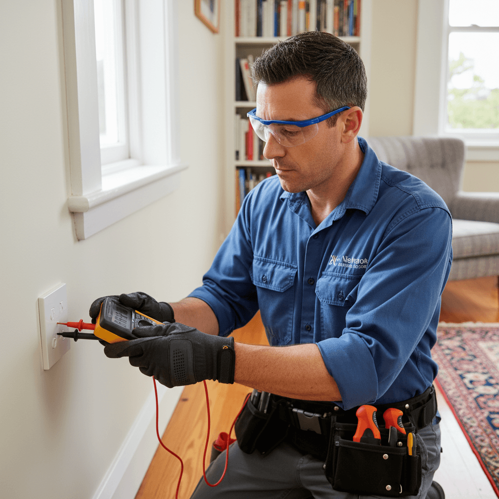 Electrician using a multimeter to diagnose an electrical fault in a Wellington home