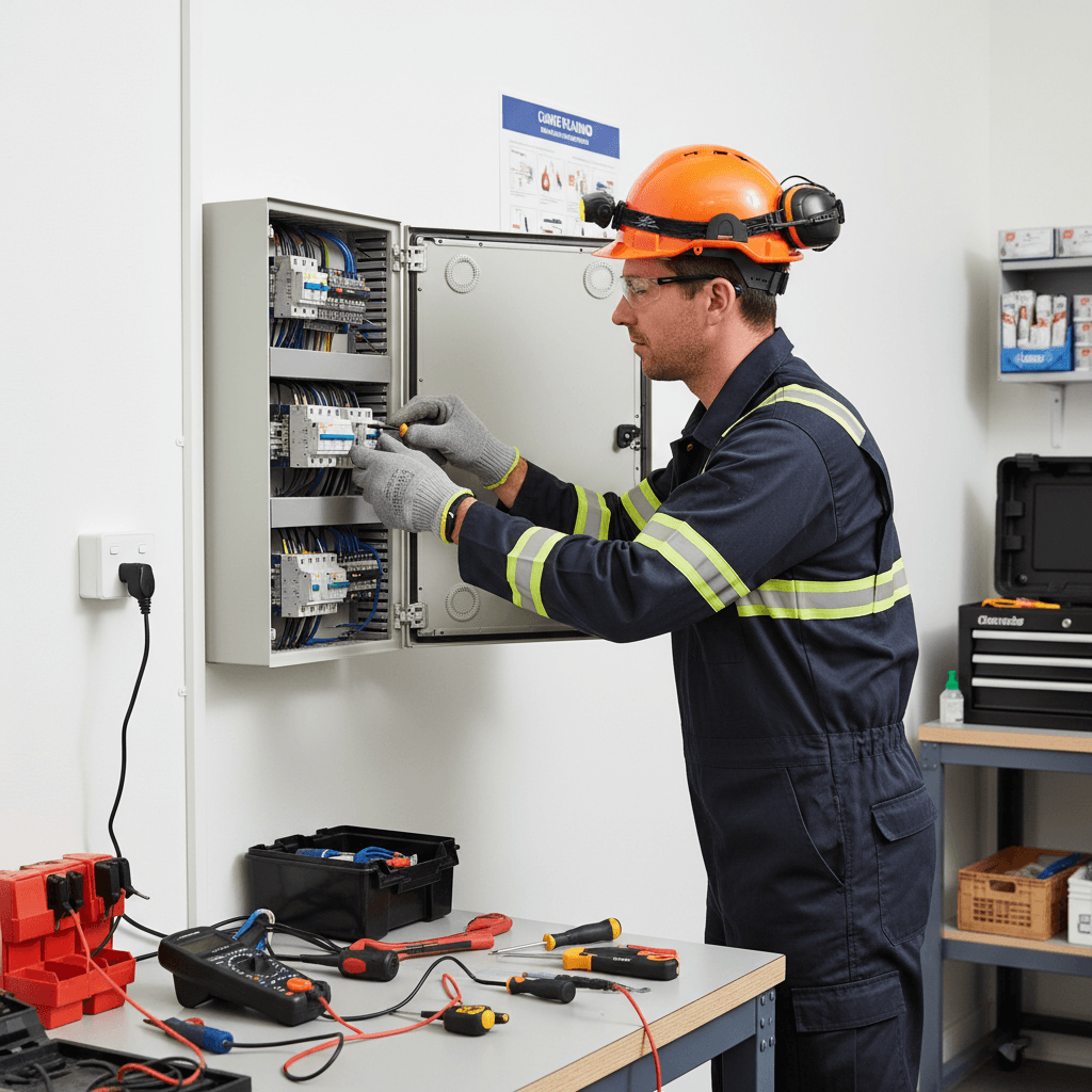 Licensed electrician installing RCBO circuit breakers in a switchboard upgrade