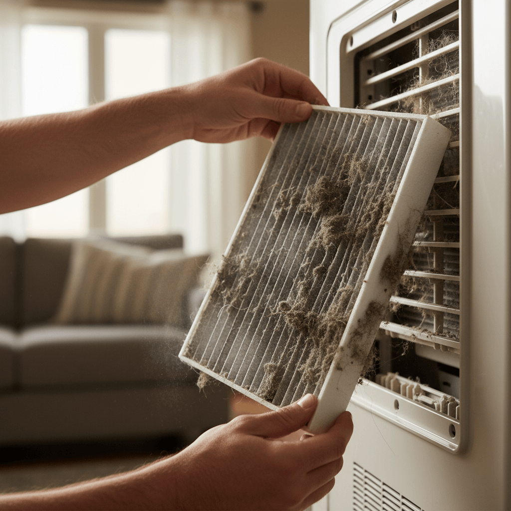 Dirty heat pump filter being removed for cleaning during routine maintenance