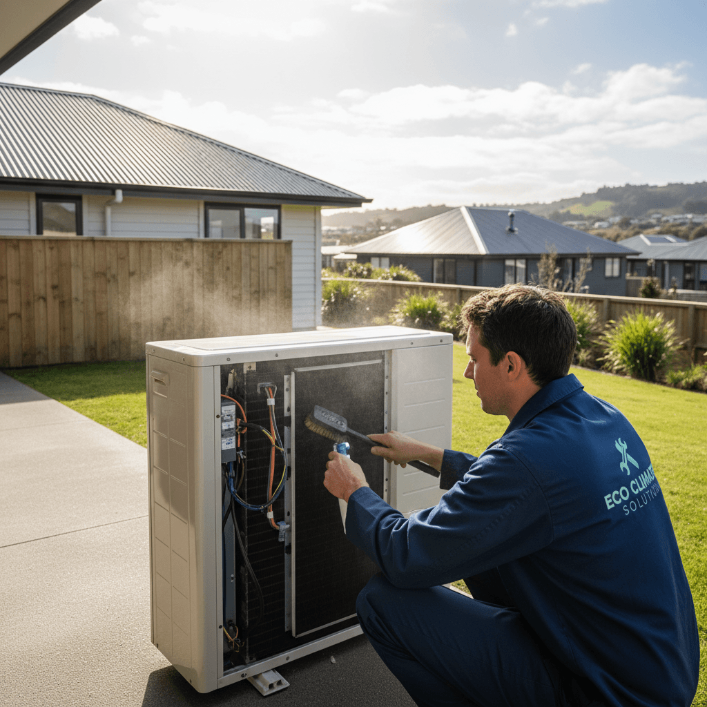 Professional technician servicing a heat pump outdoor unit for optimal efficiency