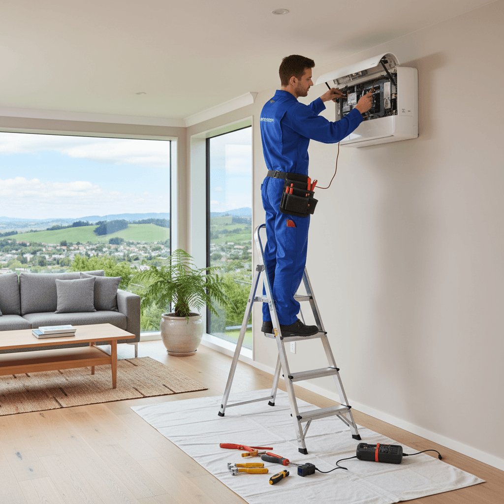HVAC technician servicing a wall-mounted heat pump in a Wellington home