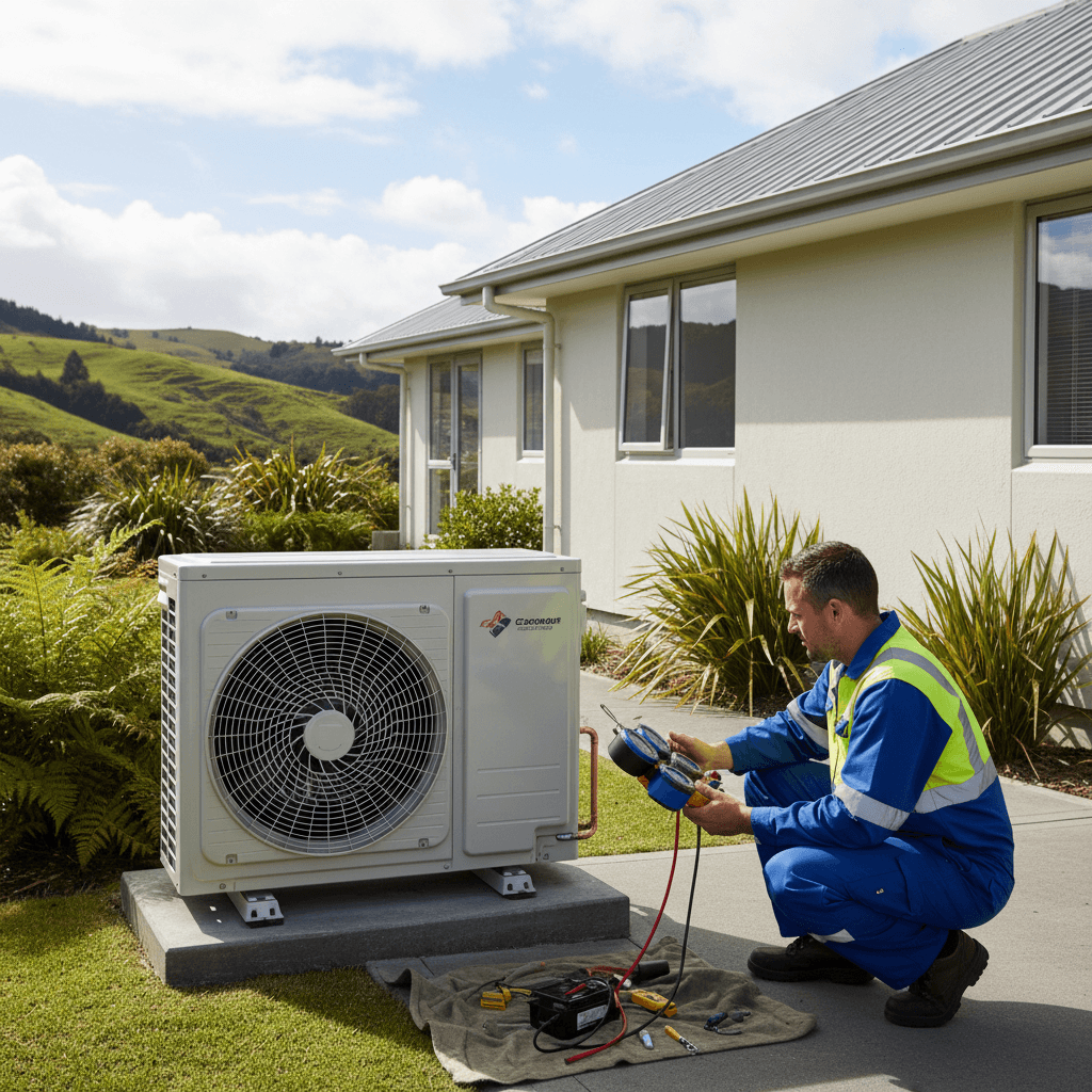 Technician inspecting outdoor heat pump compressor unit at a New Zealand home