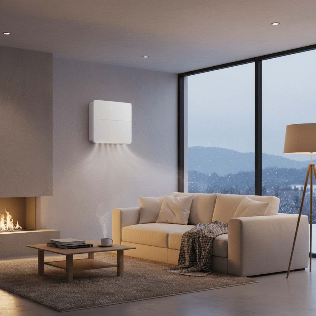 Modern heat pump running efficiently in a cozy Wellington living room