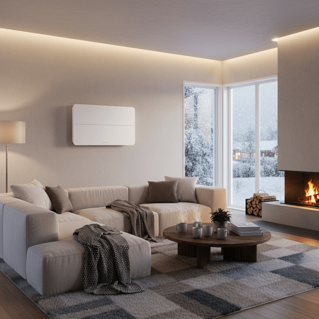 Modern heat pump heating a cozy Wellington living room in winter