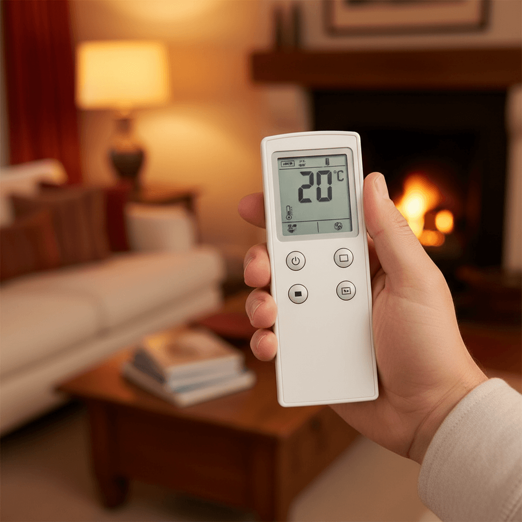 Heat pump remote control showing optimal thermostat temperature setting