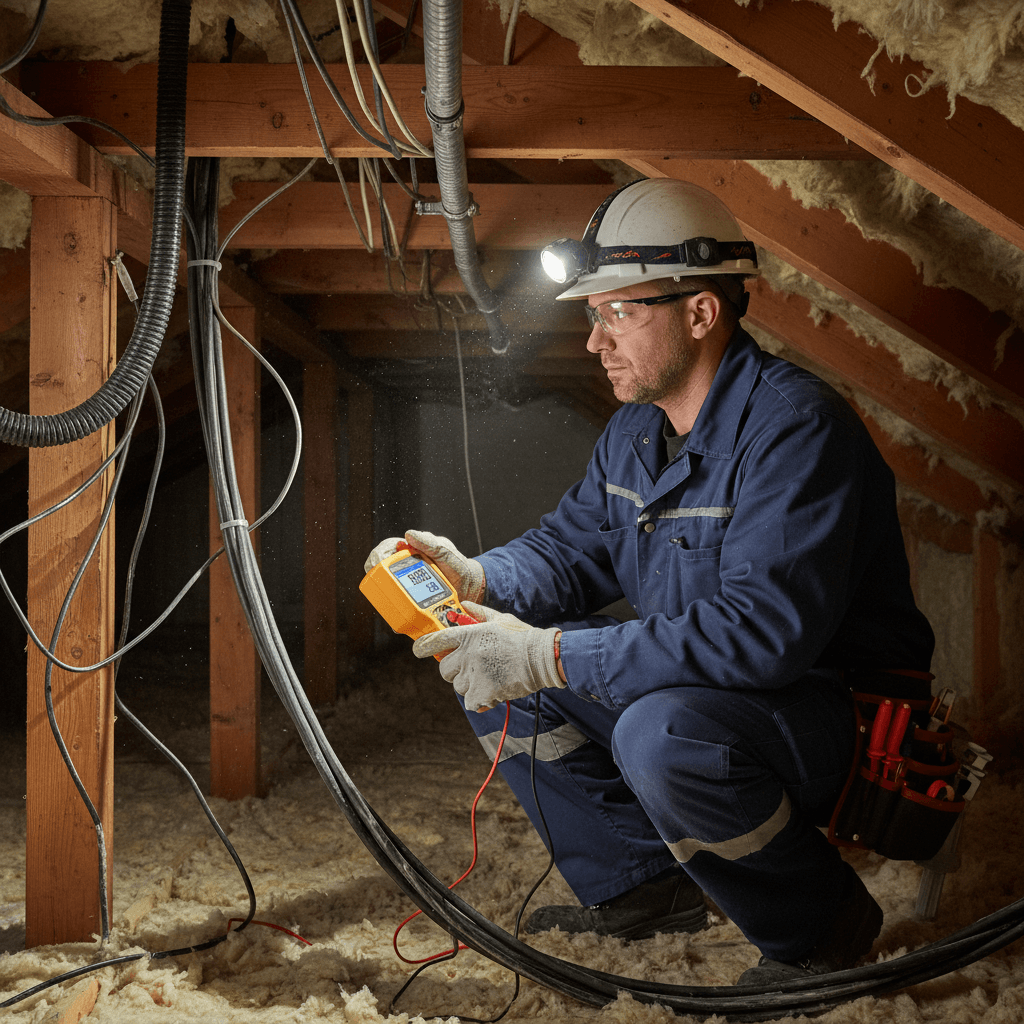 Electrician performing insulation resistance testing on house wiring