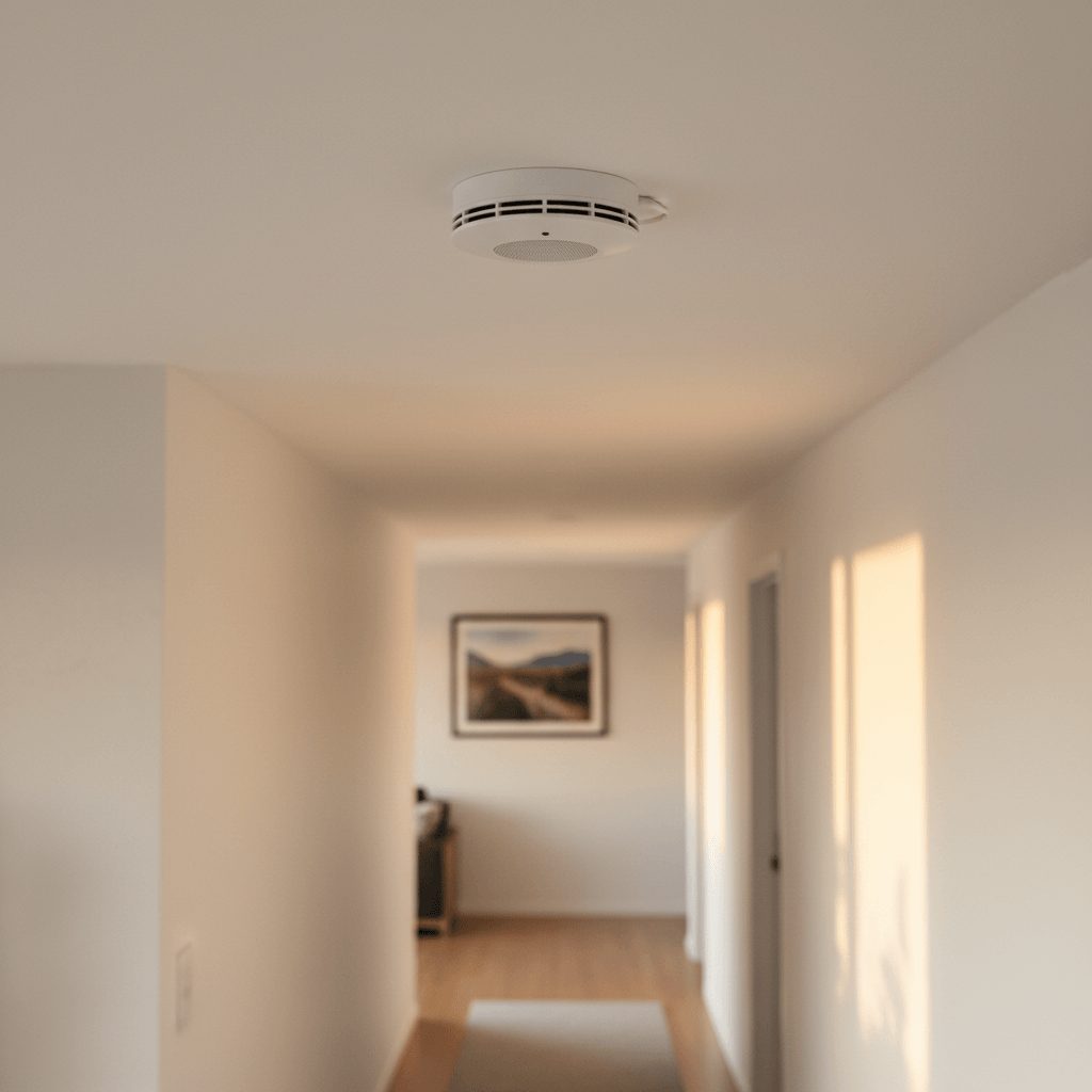Interconnected photoelectric smoke alarm installed on ceiling in New Zealand home