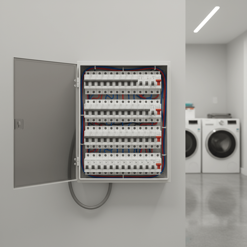 Modern residential switchboard with RCBO circuit breakers installed in a Wellington home
