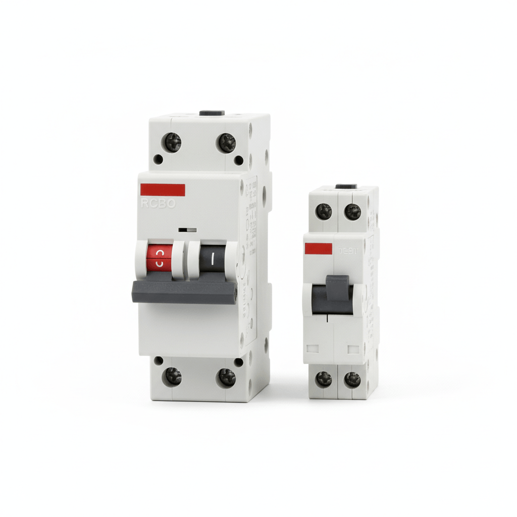 Close-up comparison of an RCBO device next to a standard MCB circuit breaker