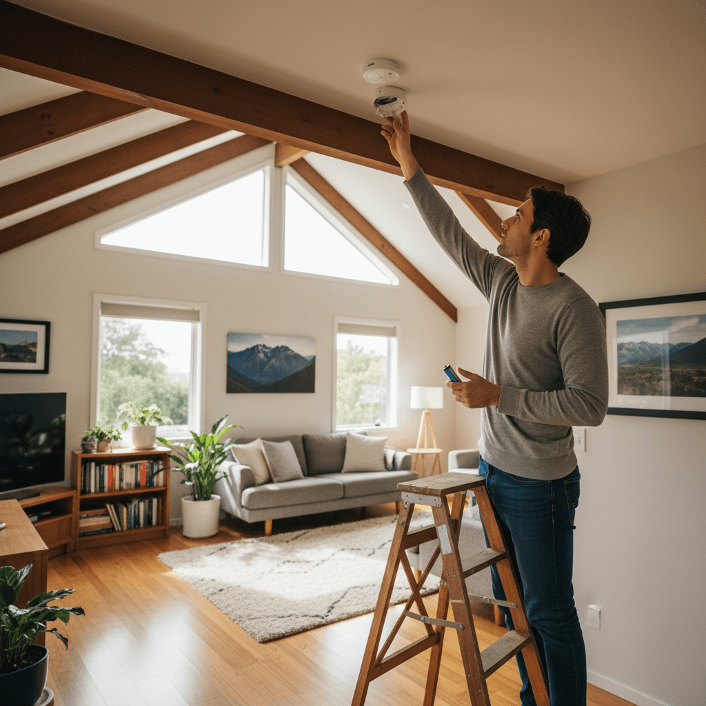 Homeowner replacing smoke alarm battery in ceiling-mounted detector