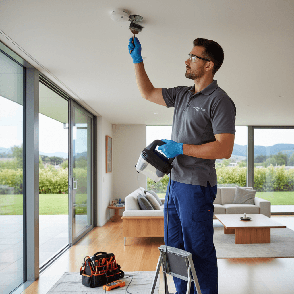 Electrician inspecting hardwired smoke alarm system in NZ home
