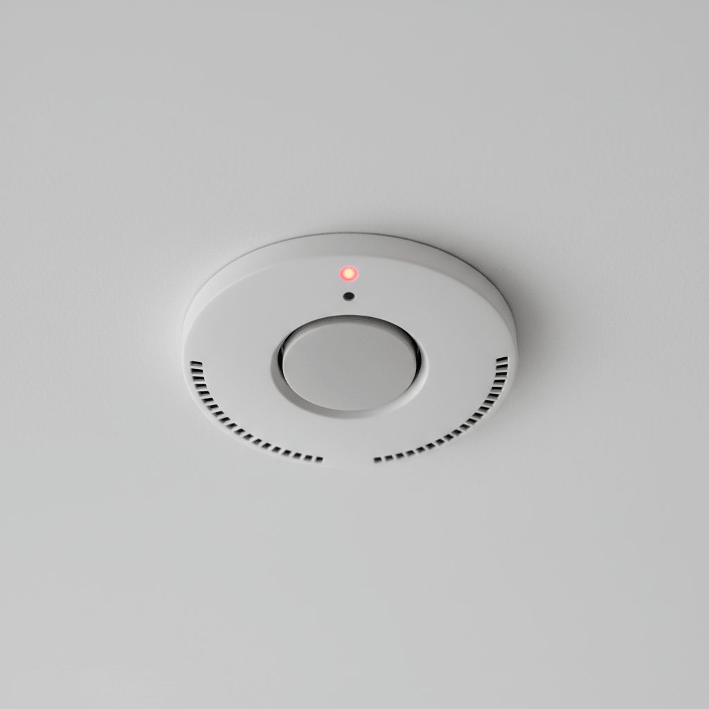 Smoke alarm on ceiling of New Zealand home with test button visible