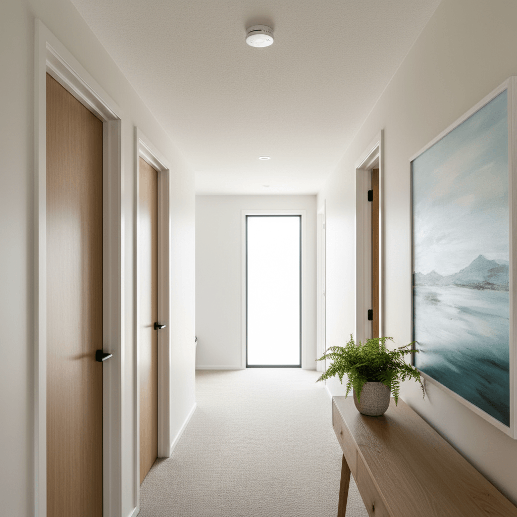 Smoke alarm placement guide showing correct positions in bedrooms and hallways