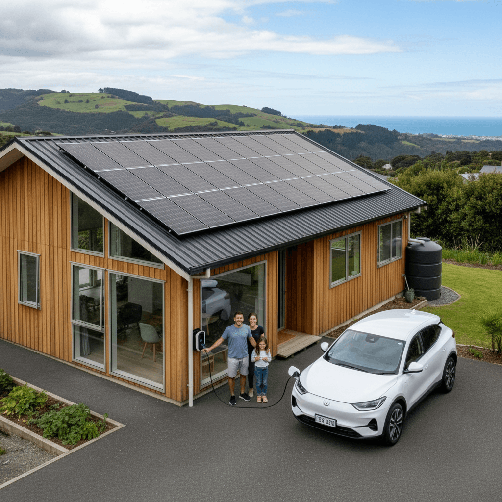 NZ home with solar panels and EV charger for sustainable living