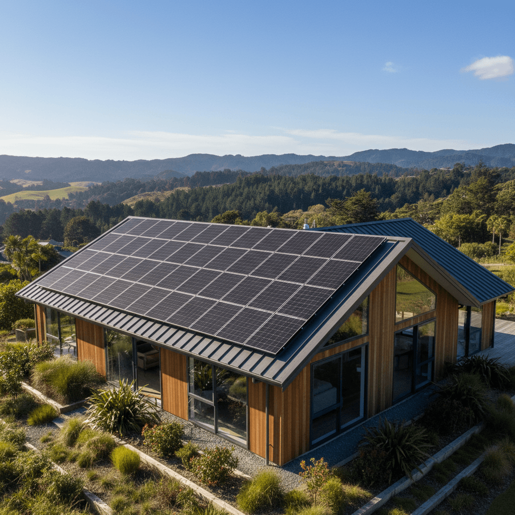 Solar panels installed on modern New Zealand home roof