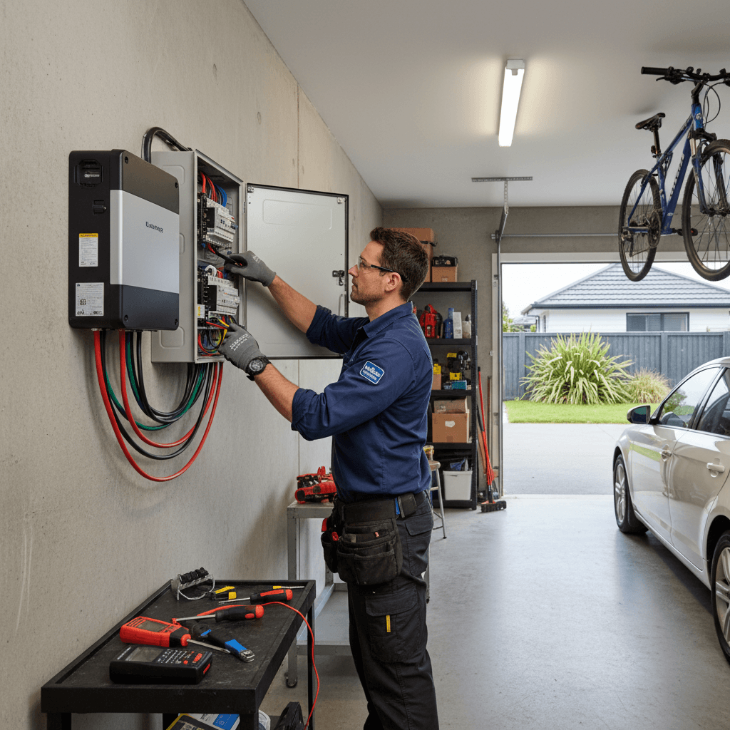 Electrician connecting solar inverter to switchboard in NZ home