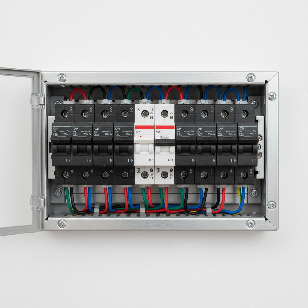 Residential switchboard showing a tripped circuit breaker during fault finding